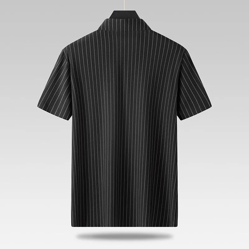 Men's plus size striped ice silk shirt with square collar in loose fit cardigan style