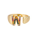 Adjustable copper open ring with coloured zirconium micro-set English letter design