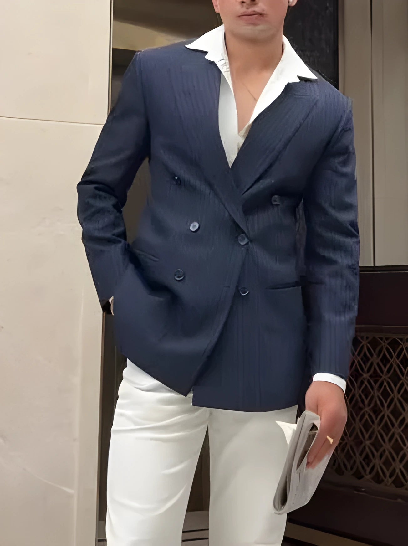 Men's classic stripe double-breasted blazer jacket with regular fit and polyester fabric