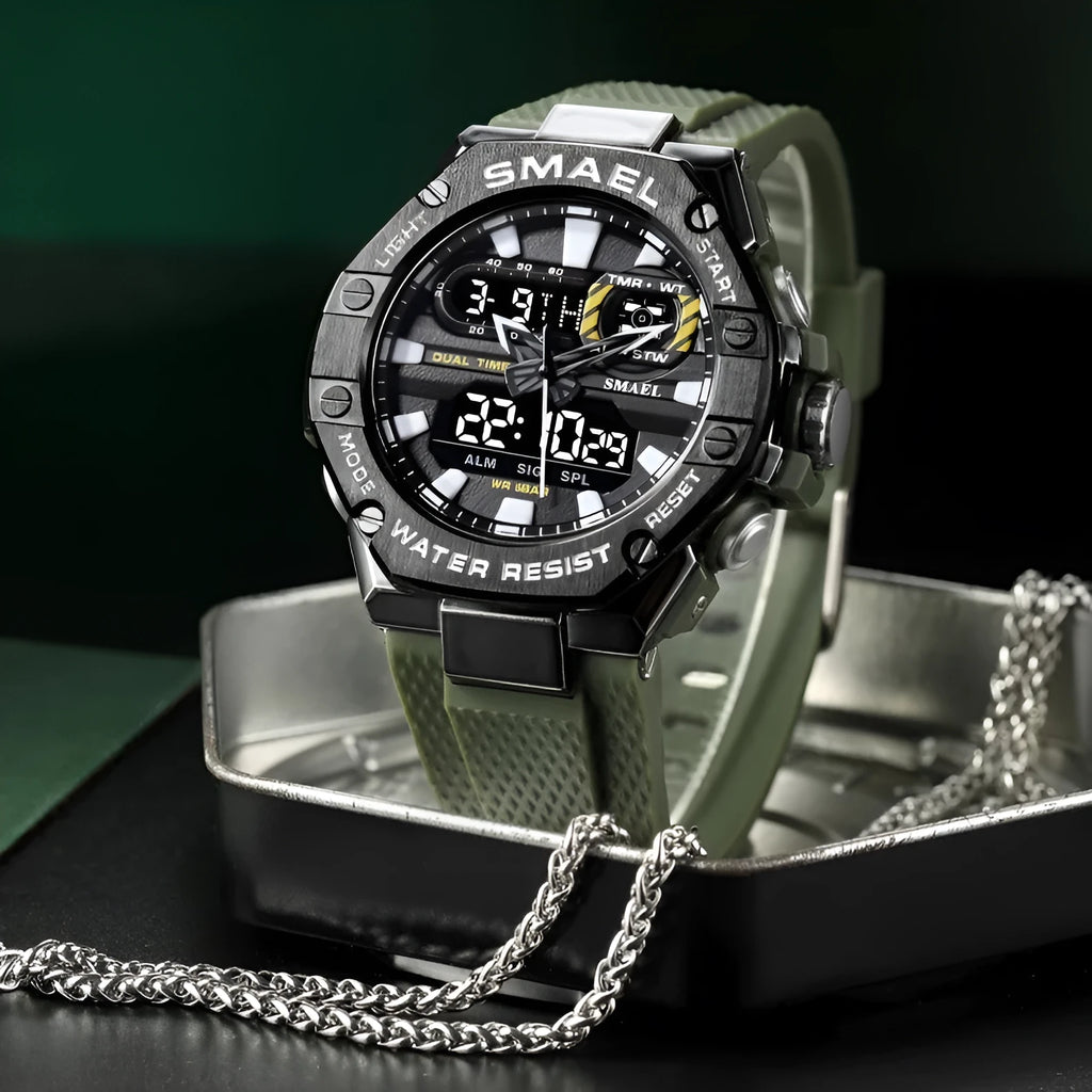 Digital alloy electronic watch for men with 47mm dial, dual movement, and 50m water resistance in Steel Blue
