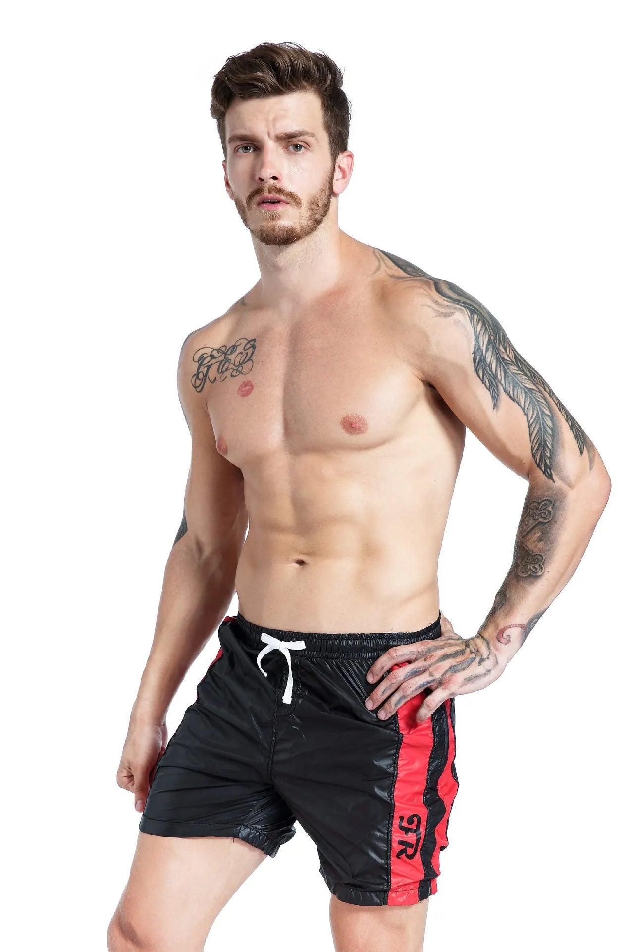 Men's slim-fit blue sports shorts with a lace-up front and supportive padding.