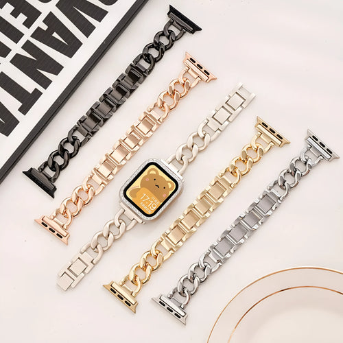 Silver denim chain link metal strap for Apple Watch with 22mm lug width on a 41mm case.