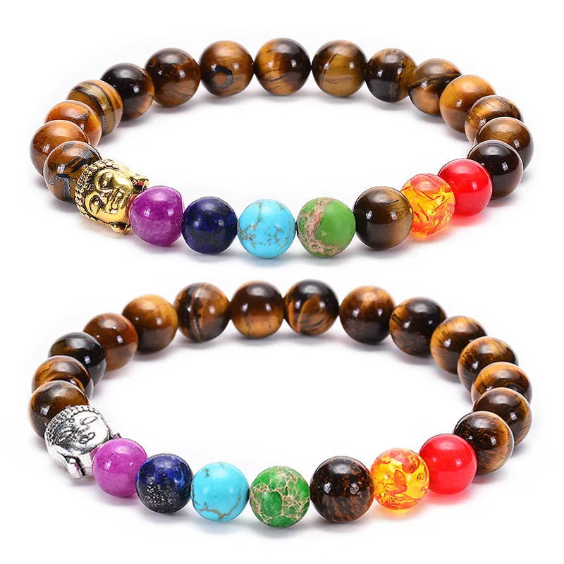 Seven chakra natural stone and tiger eye beaded bracelet with adjustable rope in gold or silver