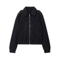 Women's navy blue PU coat with turn-down collar, zip front, long sleeves, 50cm length, sizes XS to L.