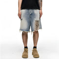 Light blue washed denim shorts with baggy wide leg cut and zipper fly