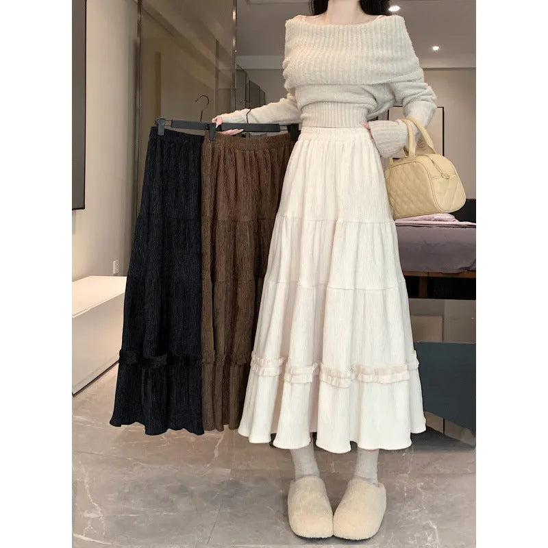 Corduroy A-line midi skirt with elastic waistband in beige, black or brown solid colour