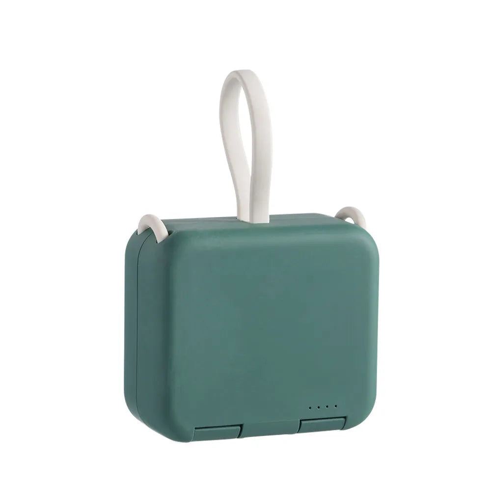 Handbag back clip power bank with flip-out phone stand, shown in blue, green, red, and white colour options.
