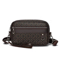 Men's black PU leather messenger bag with a geometric pattern, shown worn crossbody.