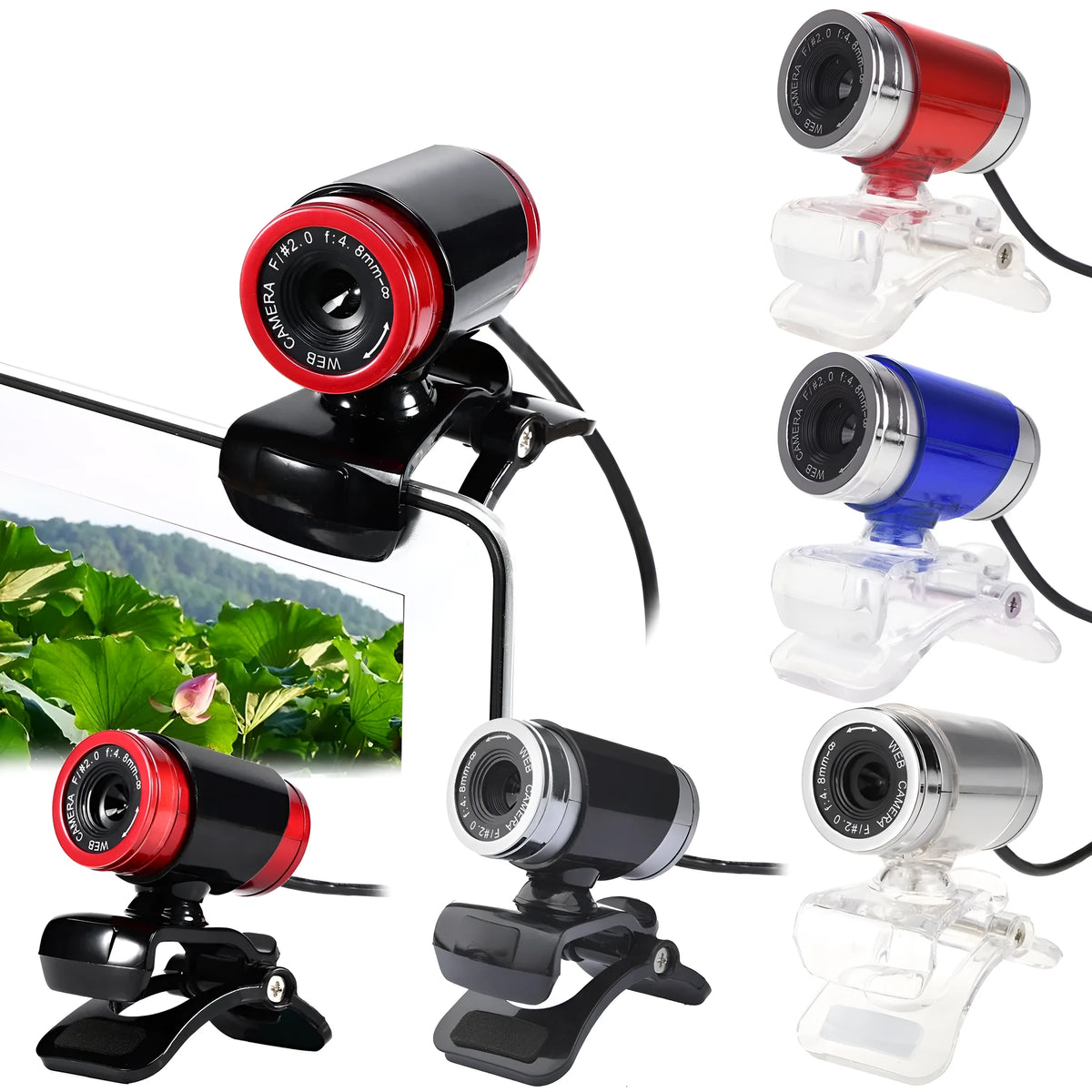 480P HD USB webcam with CMOS sensor, 140cm cable, compact 5.5 * 3cm body, available in five colours