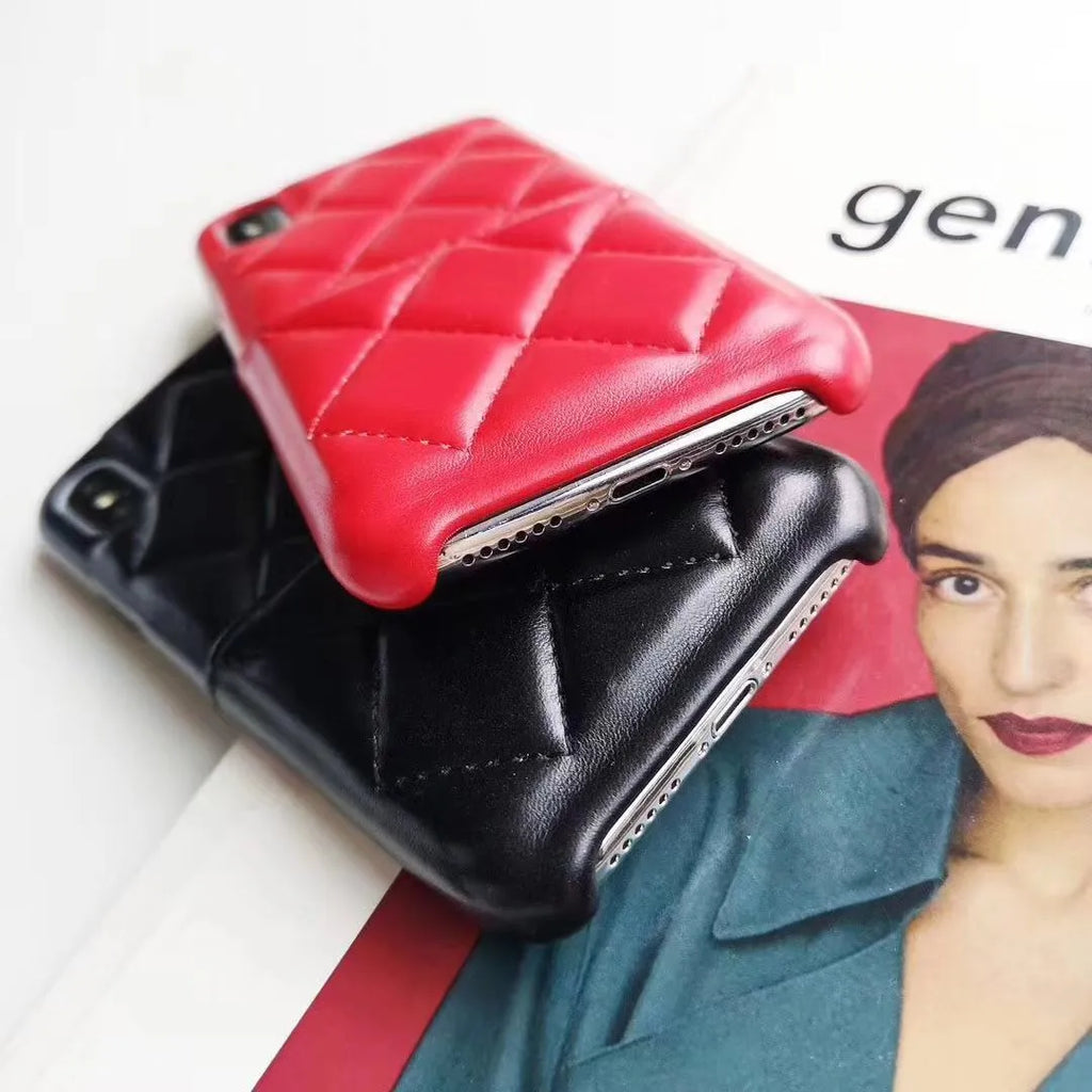 Leather mobile phone case for iPhone, shown in black, pink, and red colour options.