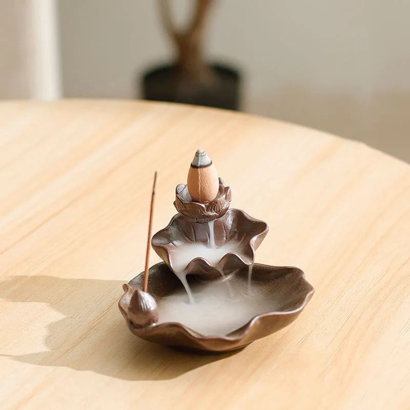Square purple clay ceramic reverse flow incense burner with crystal glaze and auspicious lotus plum blossom symbols
