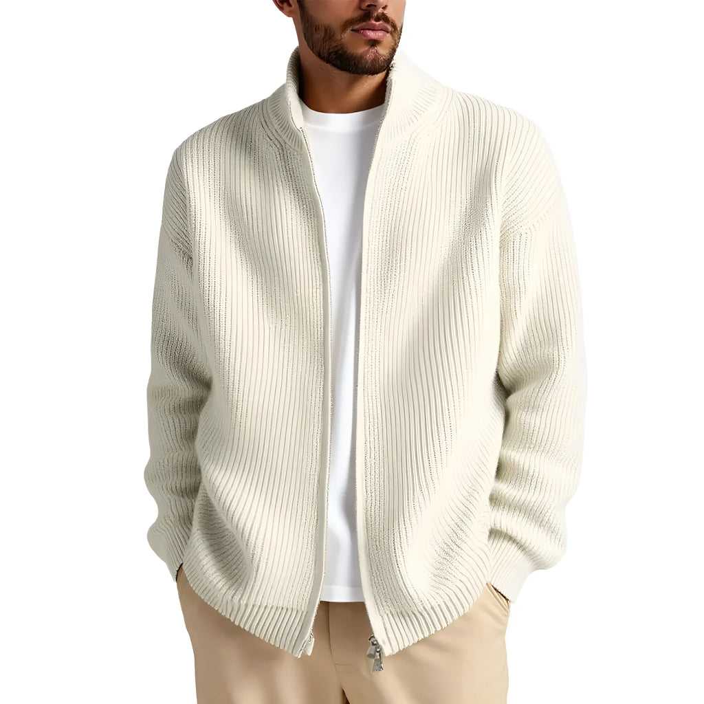 Men's loose-fit cardigan sweater in a chemical fibre blend, shown in a neutral colour.