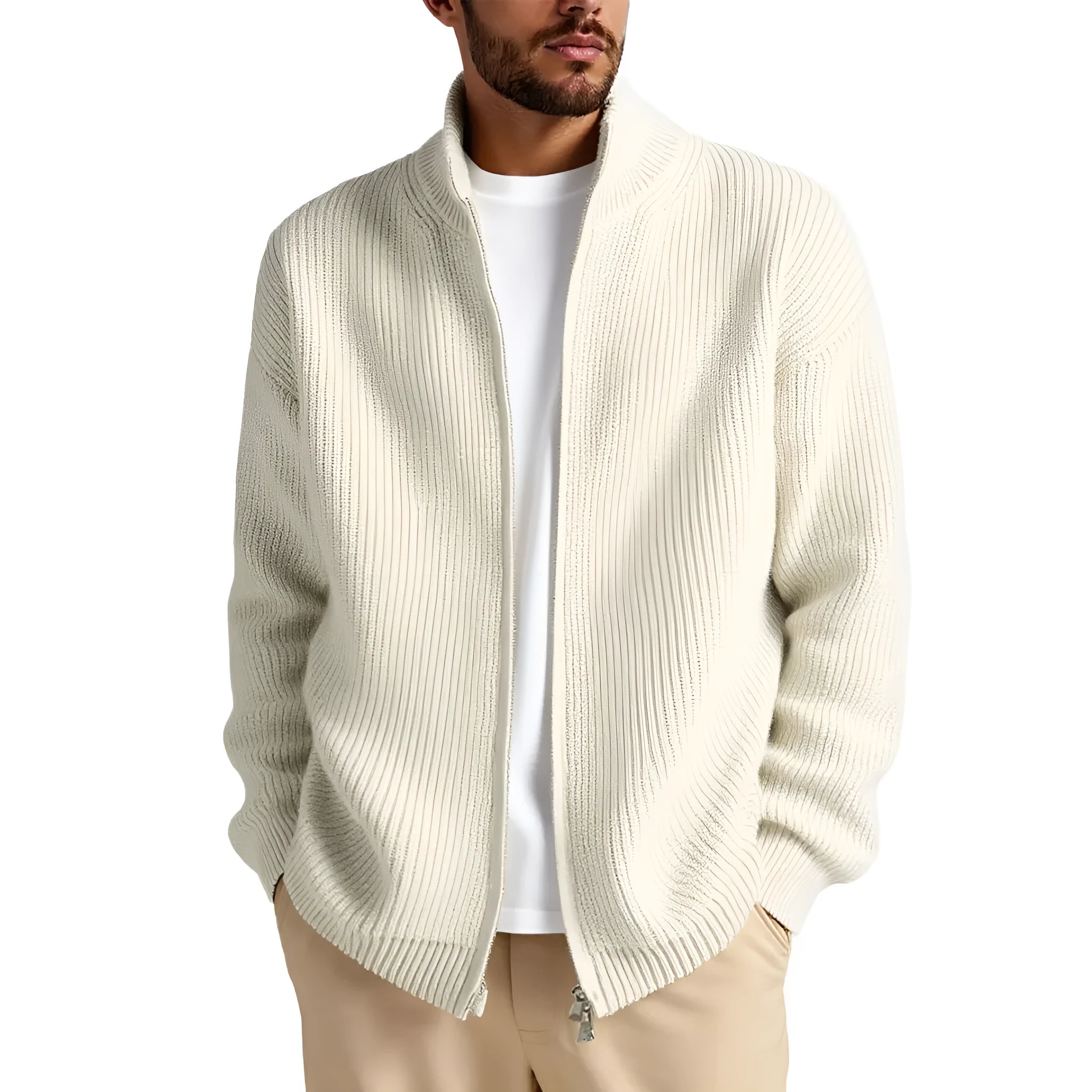 Men's loose-fit cardigan sweater in a chemical fibre blend, shown in a neutral colour.