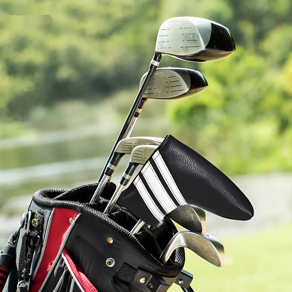 Black PU leather zipped golf case with separate compartment for a push rod and clubs.