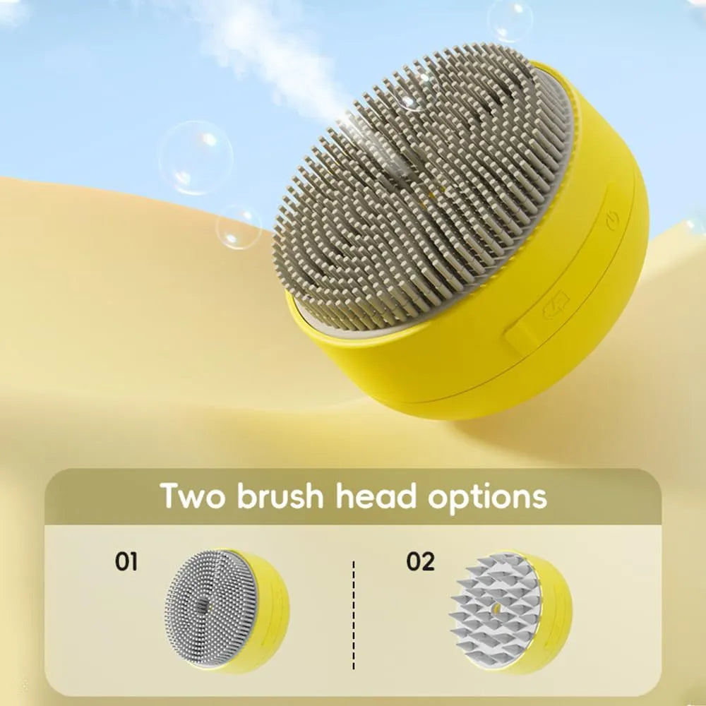 Green and yellow rechargeable silicone steam brush for cat and dog grooming on a white background