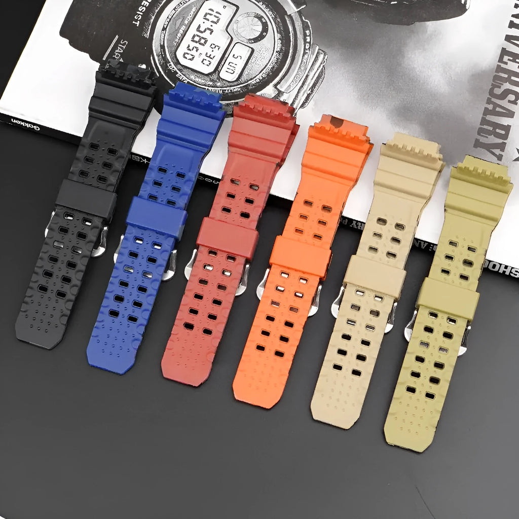 TPU camouflage pattern watch strap with a silver buckle on a white background.