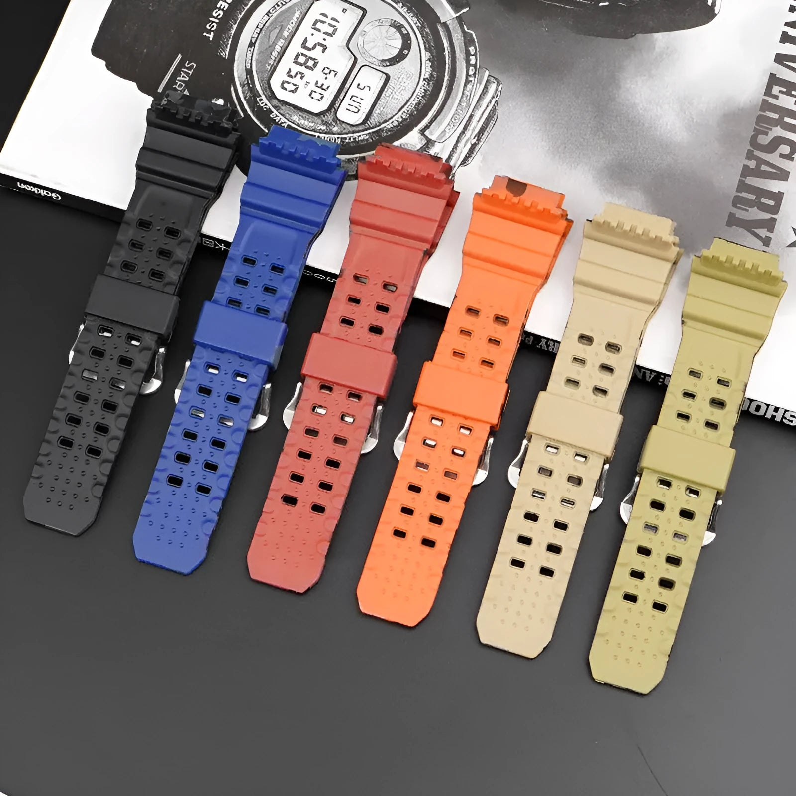 TPU camouflage pattern watch strap with a silver buckle on a white background.