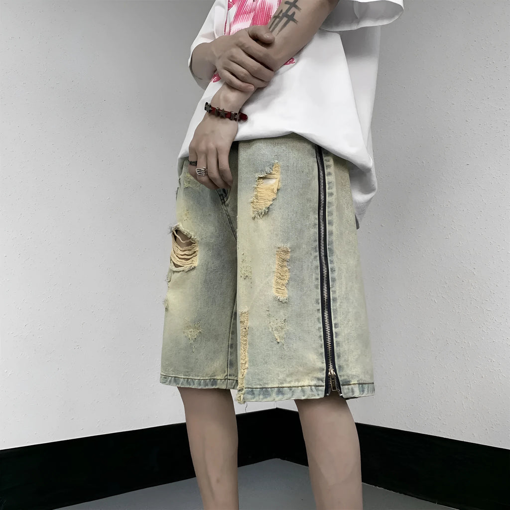 Retro yellow men's cargo shorts with ripstop denim, five pockets, and button fly closure