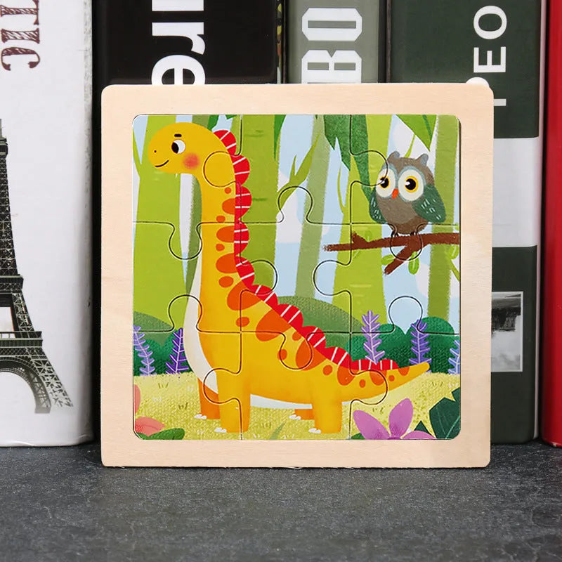 Children's wooden flat puzzle 11 x 11 x 0.4cm in Jellyfish, Excavator, Brachiosaurus, Bear, and Pterosaur designs