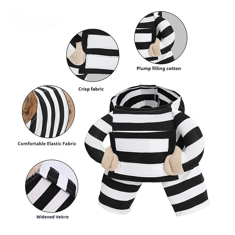 Black and white striped dog Halloween pet costume made from polyester on a white background