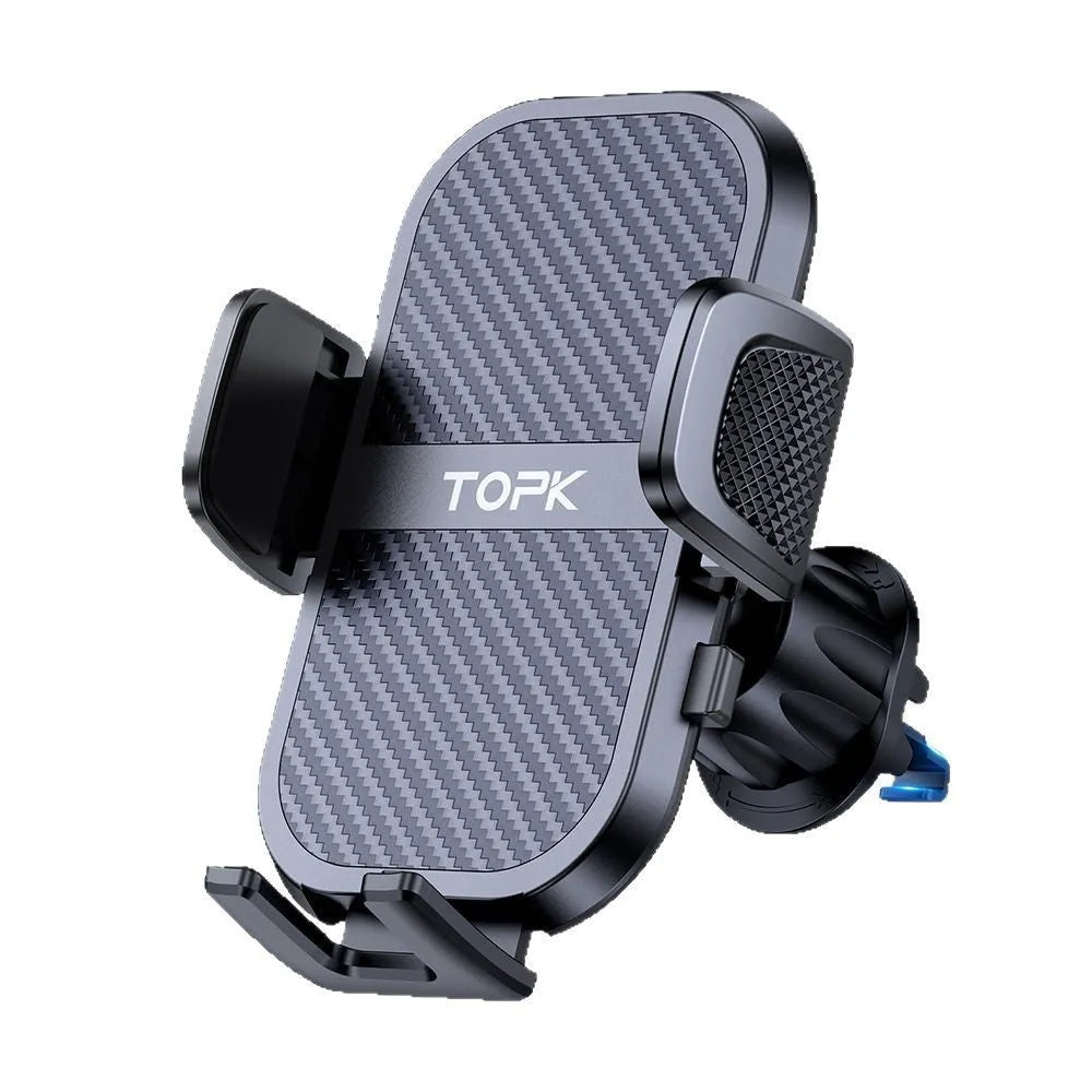 Universal in-car phone holder with suction cup and buckle mount for windscreen, air vent, or dashboard