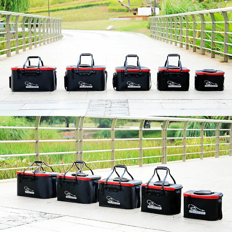 EVA portable fishing bag folded live fish box with thick nylon zipper, black and orange options, 30 cm to 50 cm.