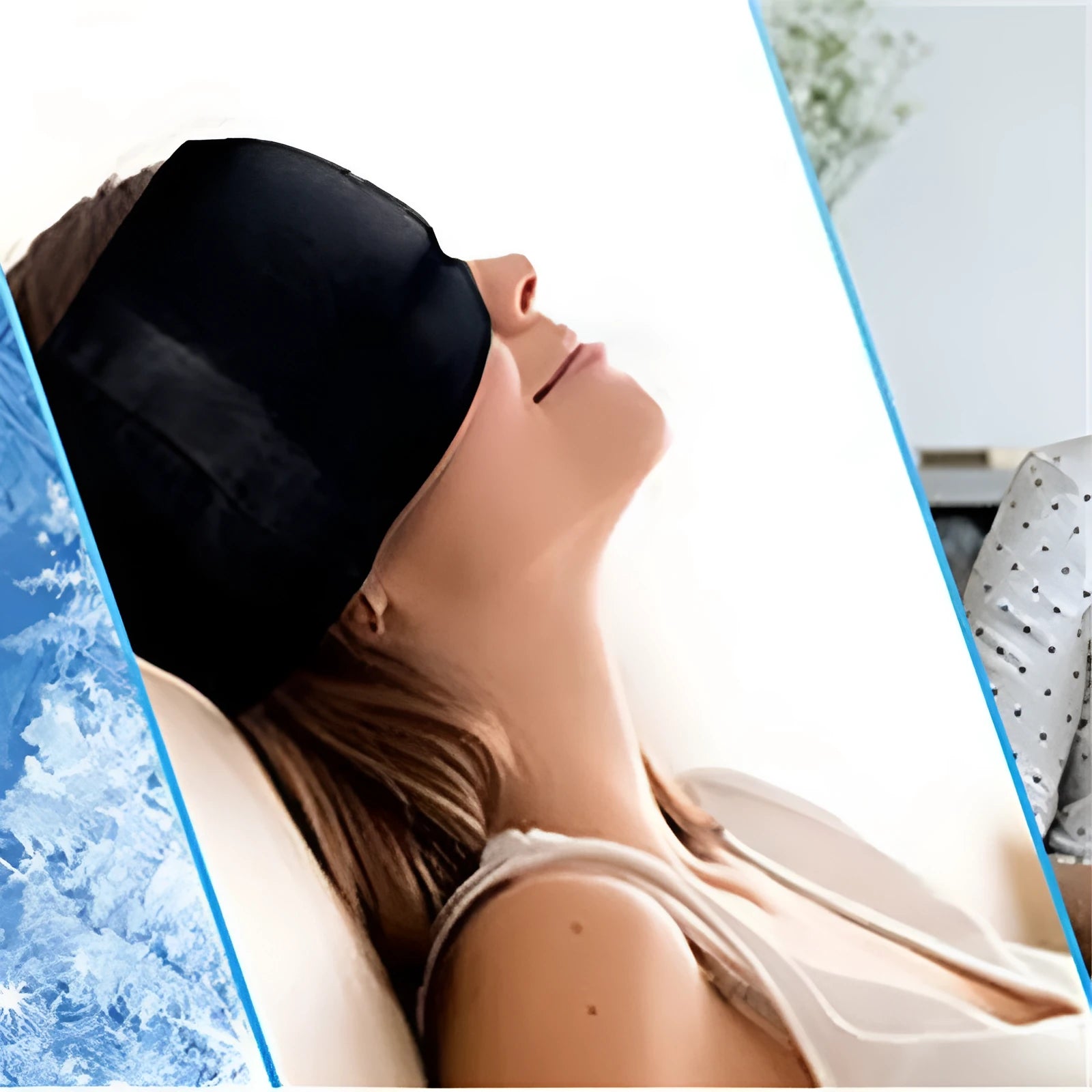 Black elastic cloth gel ice headache relief mask with adjustable strap on a white background.