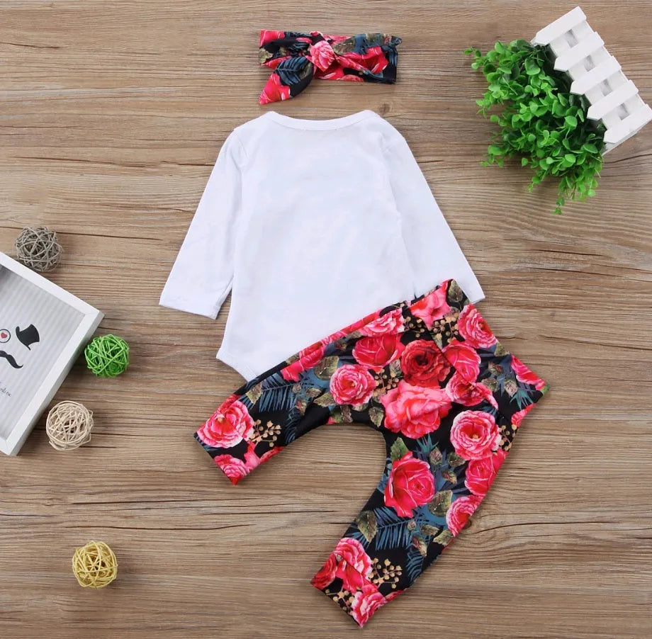 Girls' cotton three-piece autumn set with long-sleeved suit, floral letter print and colour hair band, sizes 70cm to 100cm
