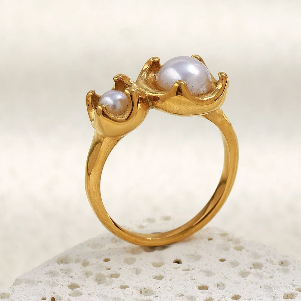 Gold stainless steel ring with bud imitation pearl flower geometry shape for women size options