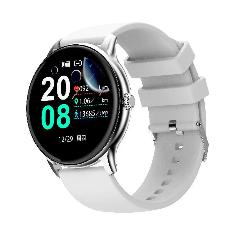 Black blood pressure smart sports watch with silicone strap on a wrist, showing its 1.28-inch touchscreen display.
