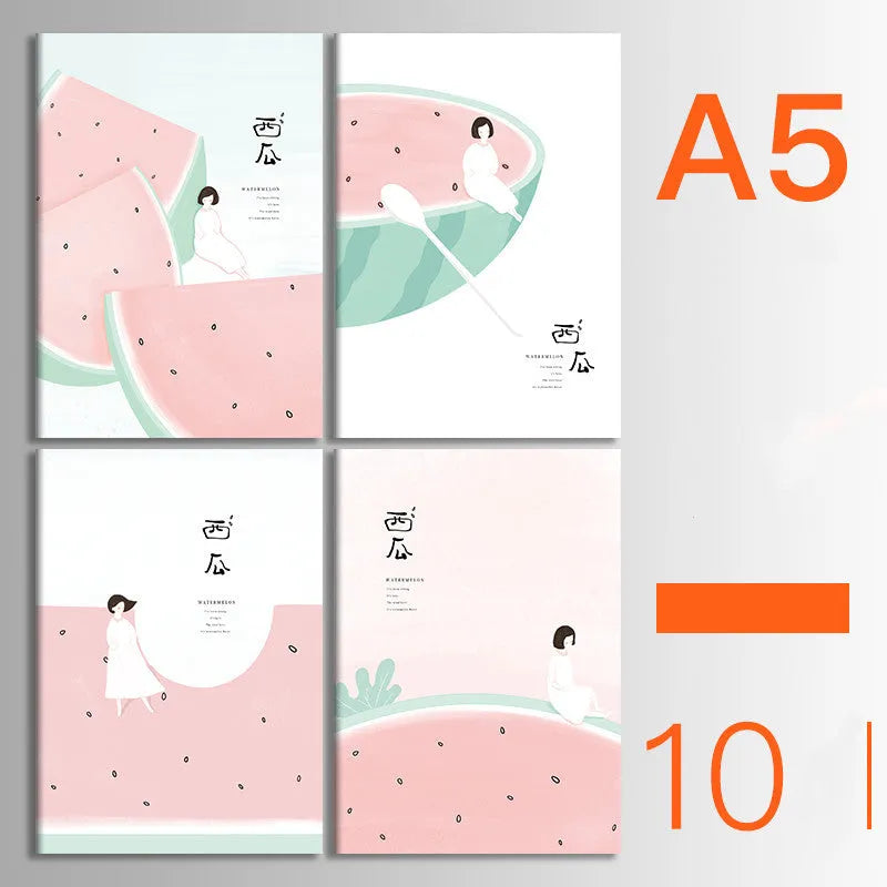Pack of 10 A5 and B5 soft cover kraft paper notebooks with various designs, showing thread binding.