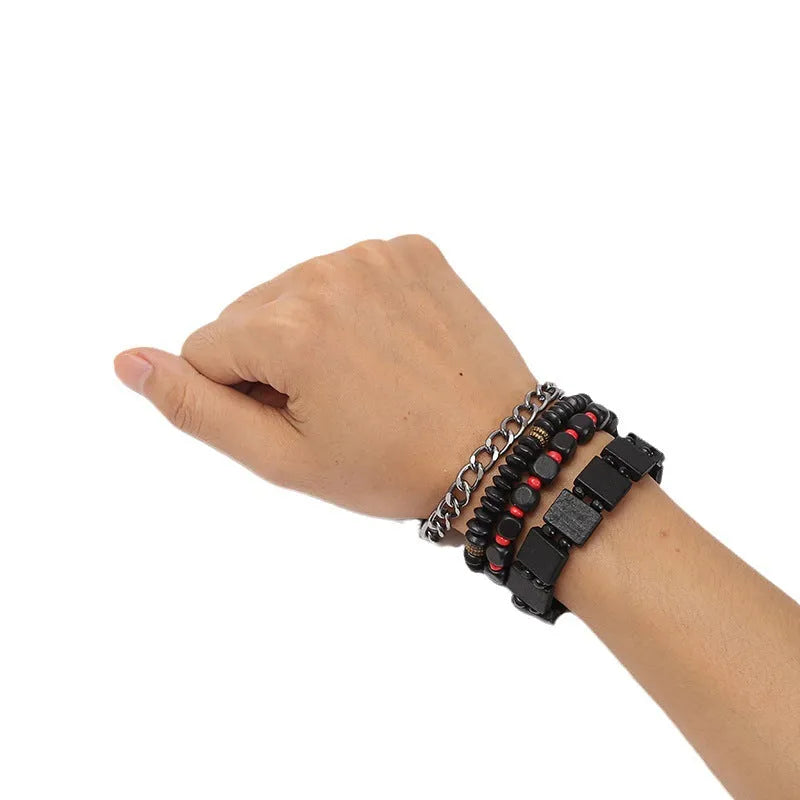 Four-piece alloy beaded bracelet set with handmade woven detail, unisex retro style, four colours