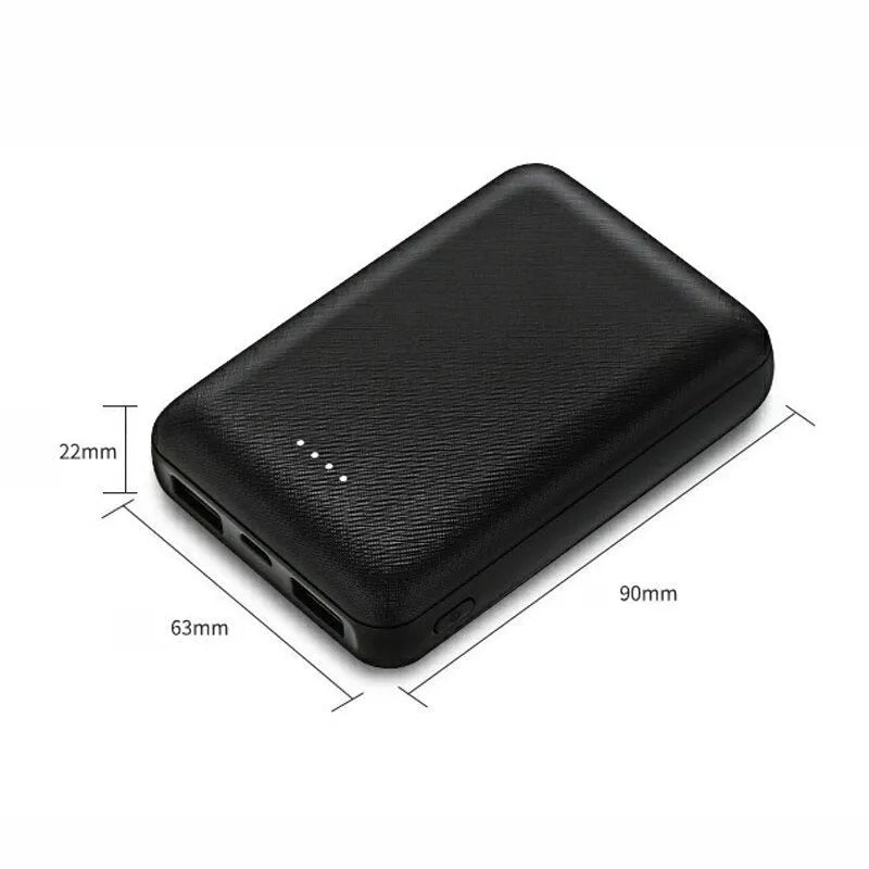 Black ultra-thin 10,000mAh power bank showing multi-U port output and compact 90mm x 63mm dimensions