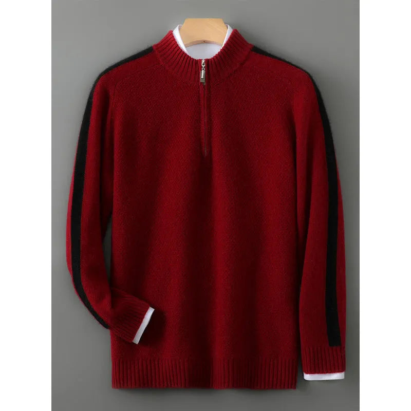 Slim-fit half-zip knitted sweater in sheep wool, shown in raw velvet camel colour