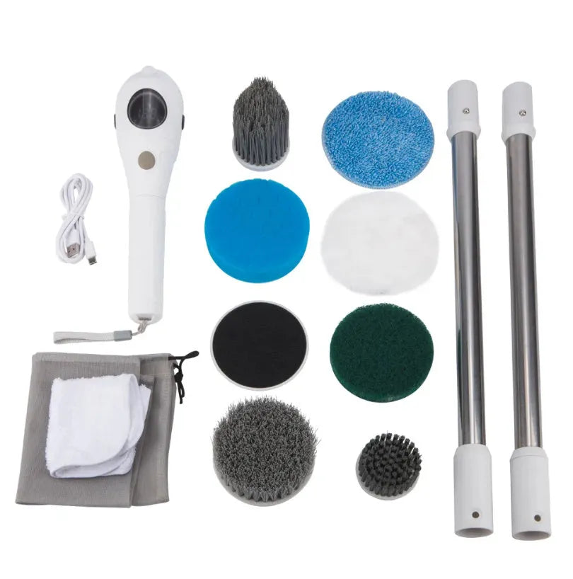 White handheld shower cleaning brush with multiple standard nozzle attachments and USB charging cable