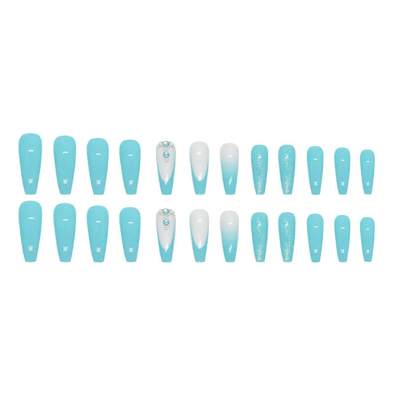 Long ballet artificial nails in smart blue diamond colour with adhesive glue