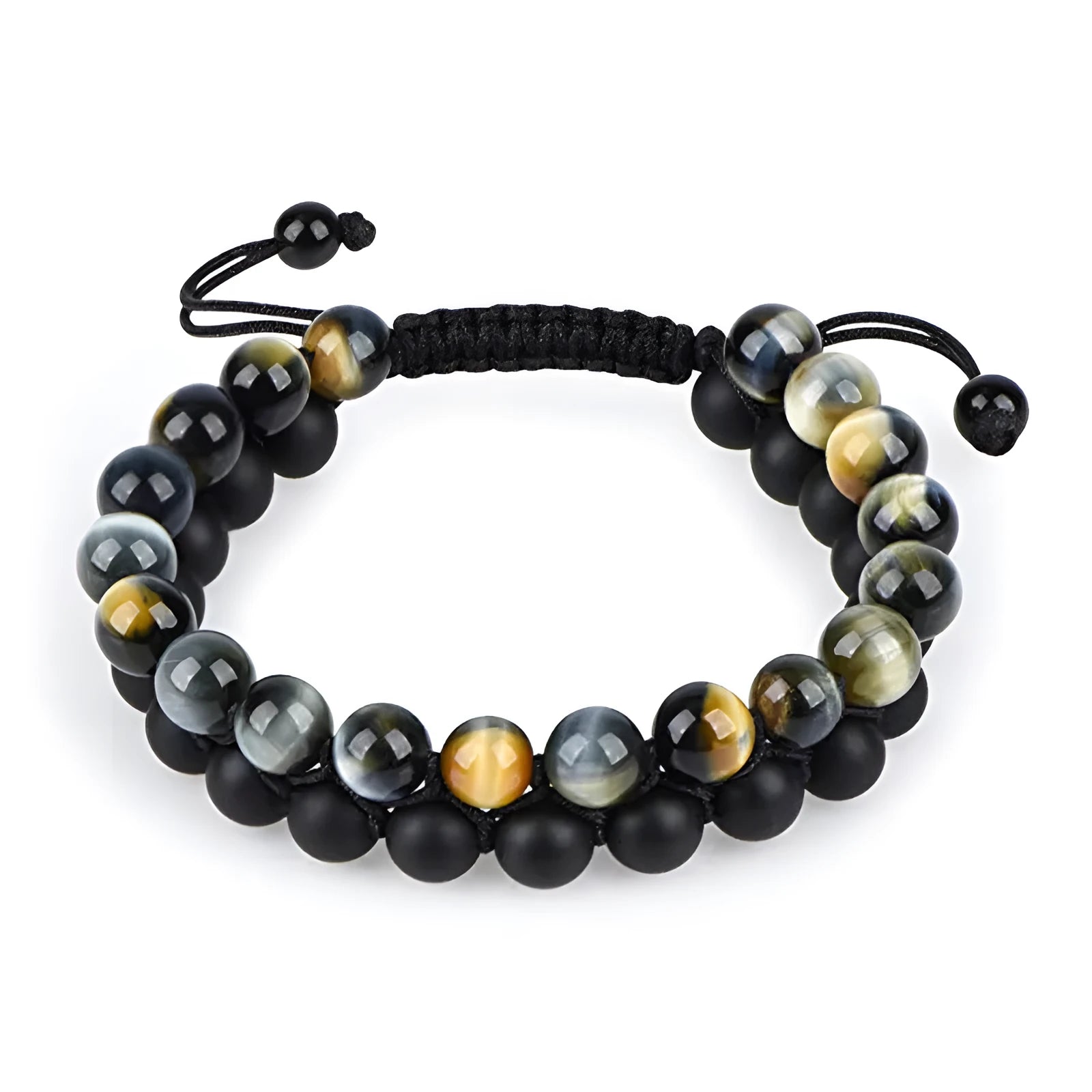 Matte black agate couple bracelets with geometric beads in individually packaged presentation