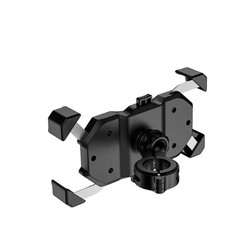 Black plastic motorcycle phone bracket with wireless charging stand mounted on handlebar, 135x70mm
