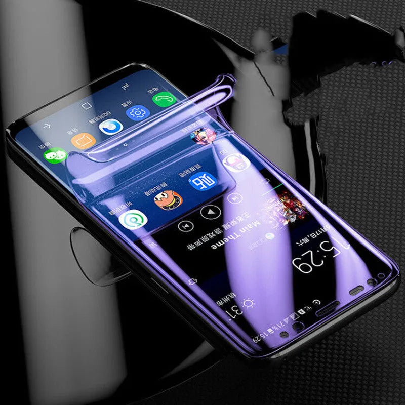 Hydrogel screen protector for curved Samsung Galaxy phones on a matte surface.