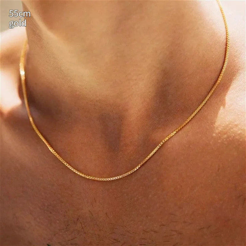Copper box chain necklace with gold electroplating, 1mm width, 45cm length, geometric quadrilateral pendant
