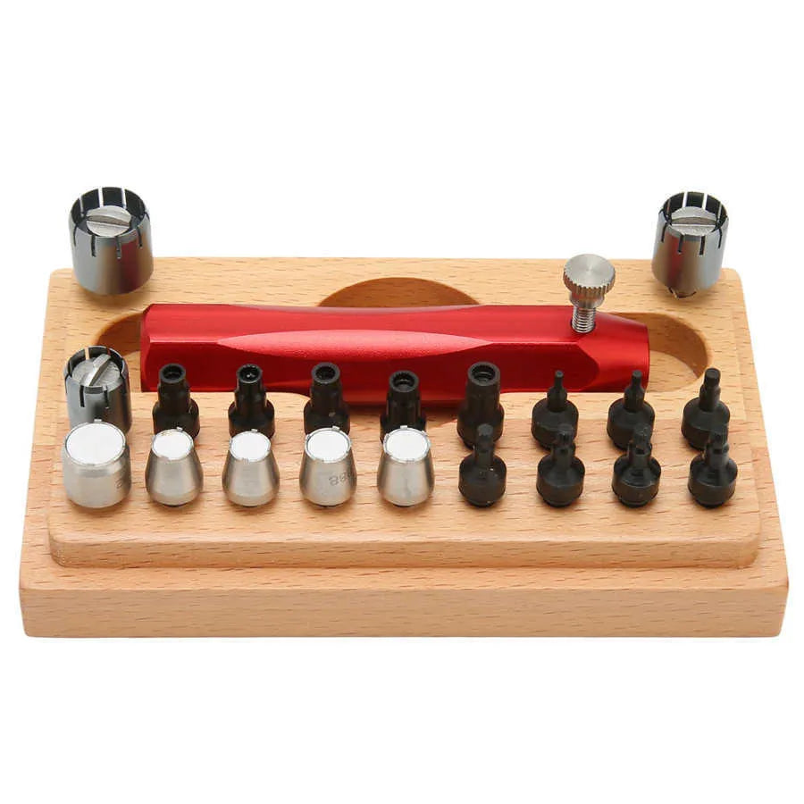 20-piece steel watch repair open tube set with barrel-opening tool in compact storage case