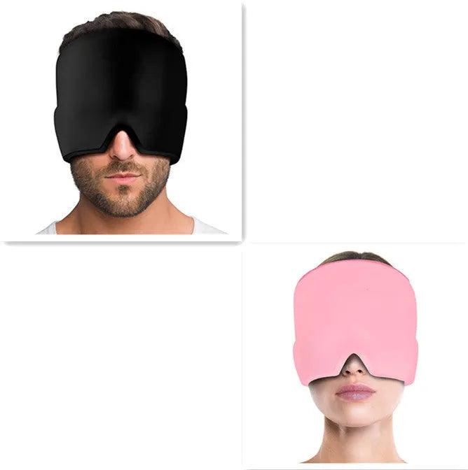Black elastic ice gel headache relief eye mask shown on a mannequin head, adjustable for 42-66cm circumference.