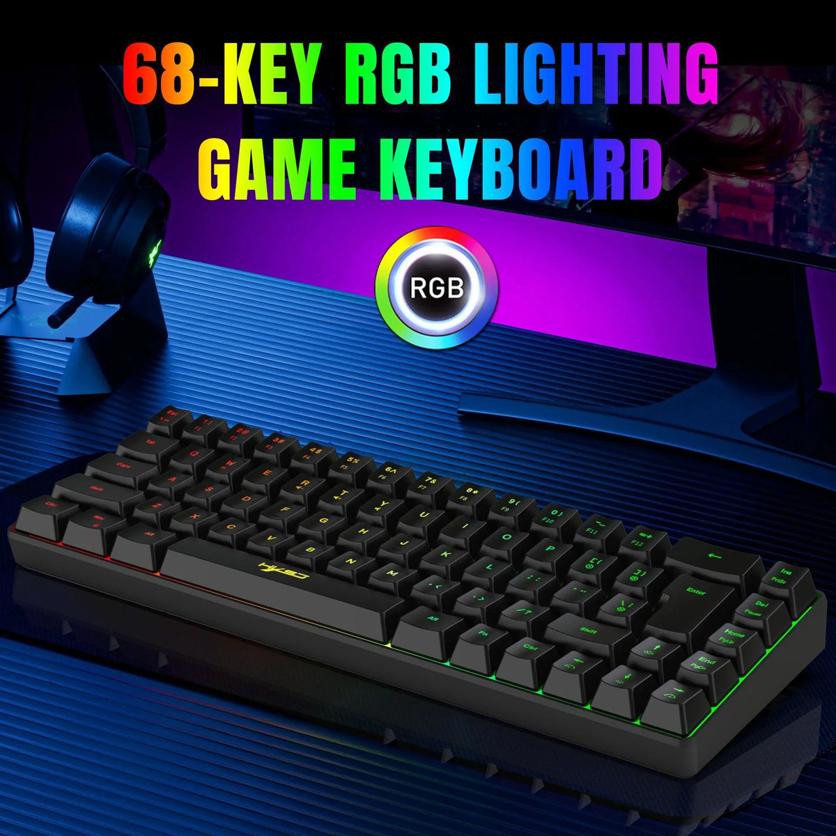 Mechanical feeling membrane gaming keyboard 68 keys black ABS wired USB compact layout
