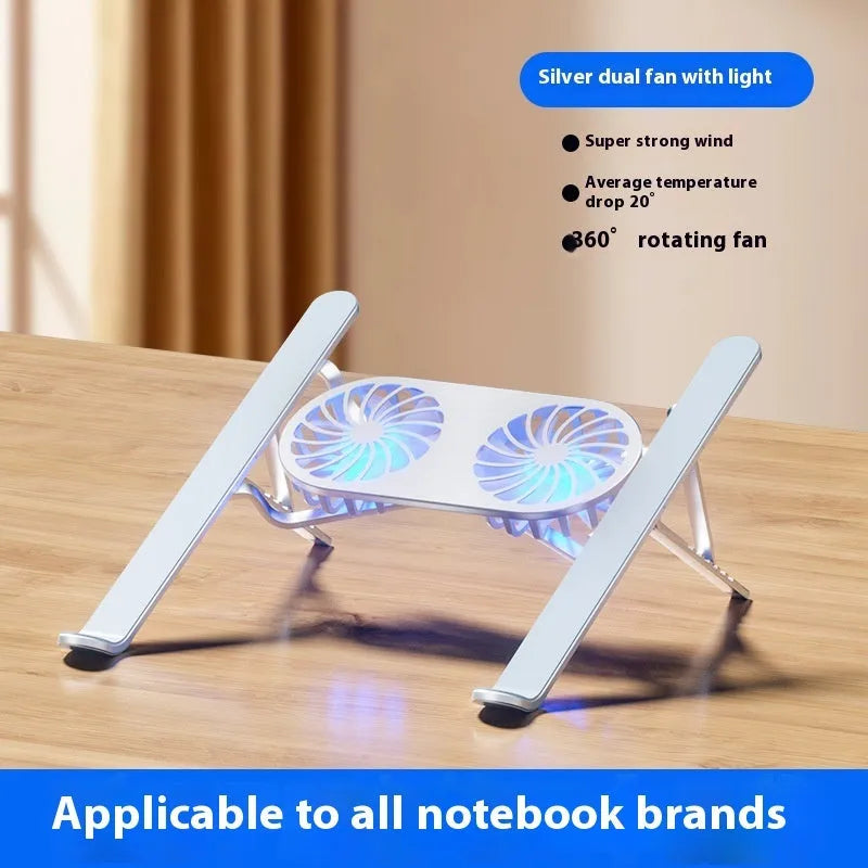 Aluminium alloy portable laptop cooling stand with adjustable height and dual fans in silver colour