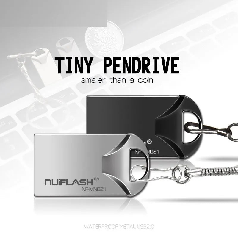 Mini USB flash drive with metal casing, 4GB to 128GB capacity, black or silvery finish