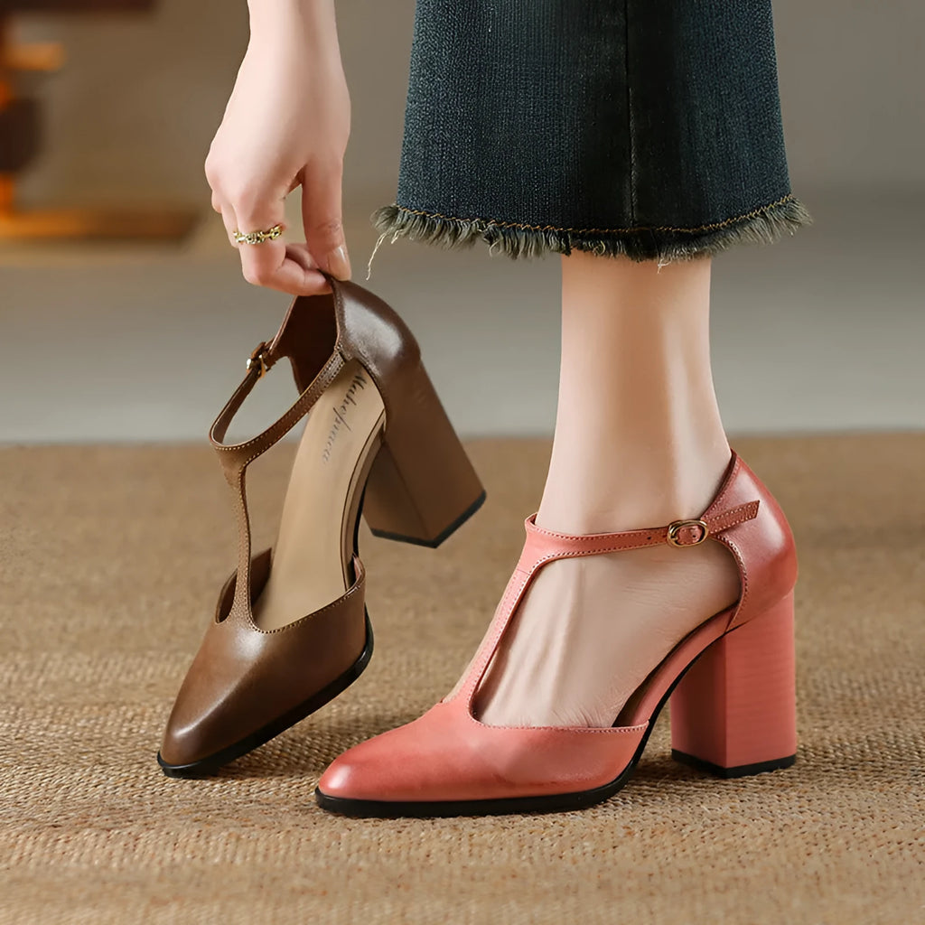Baotou hollow women's retro pointed mary jane shoes in first layer cowhide with buckle.