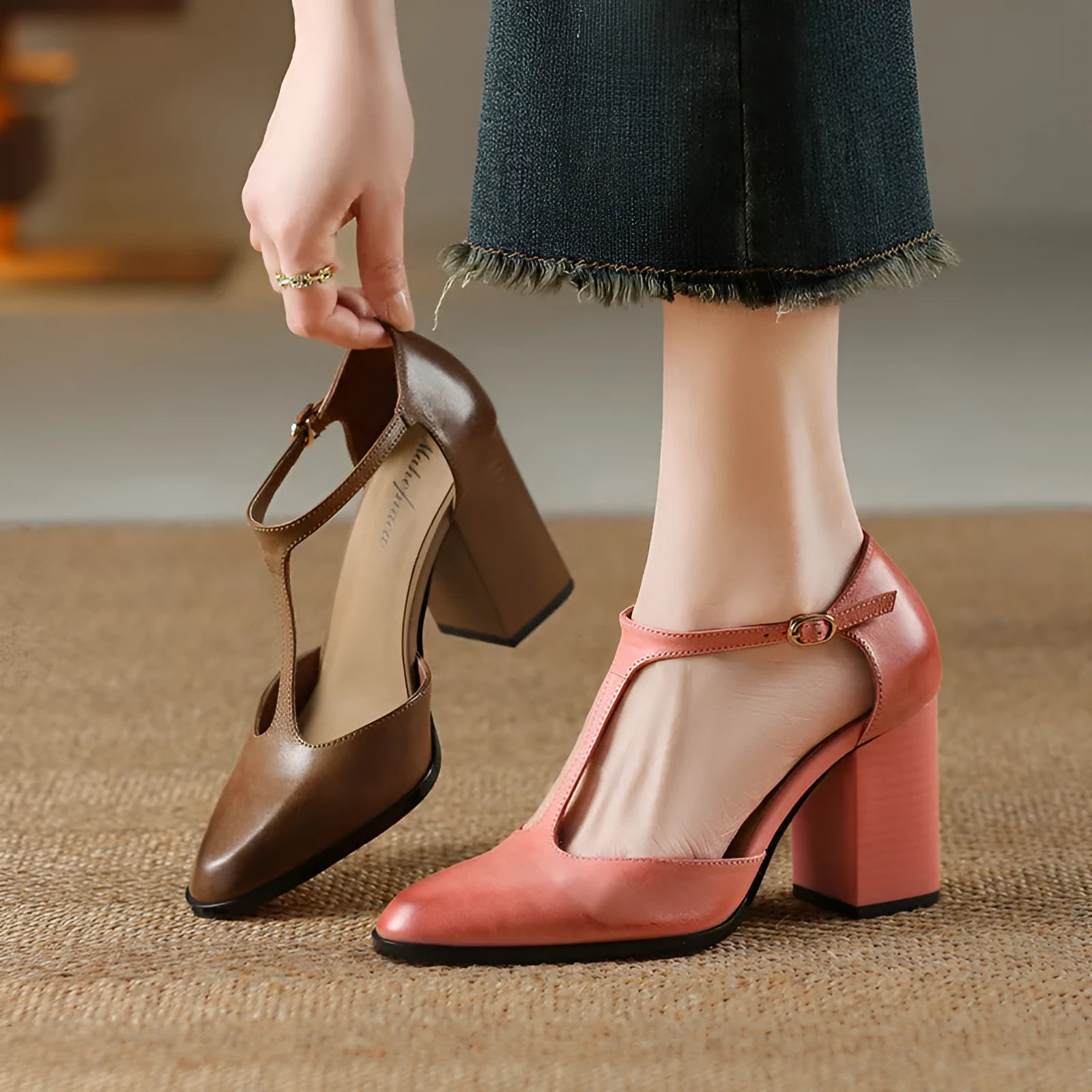 Baotou hollow women's retro pointed mary jane shoes in first layer cowhide with buckle.