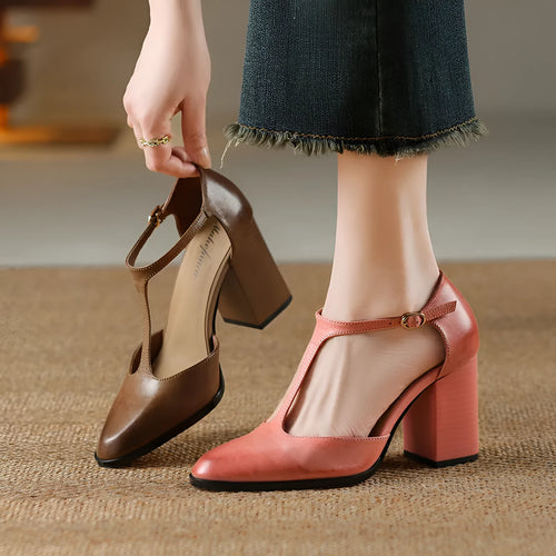 Baotou hollow women's retro pointed mary jane shoes in first layer cowhide with buckle.