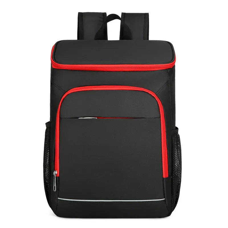 Large black outdoor thermal picnic backpack with curved shoulder straps on a gray background.