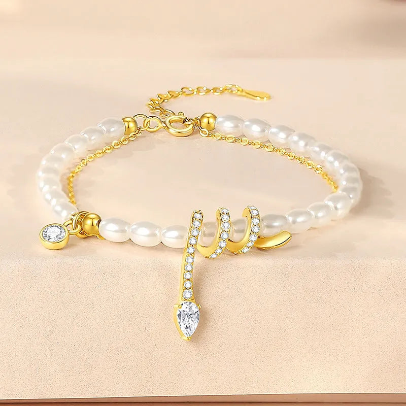 Women's snake zodiac beaded bracelet in 925 silver with electroplated gold or white finish